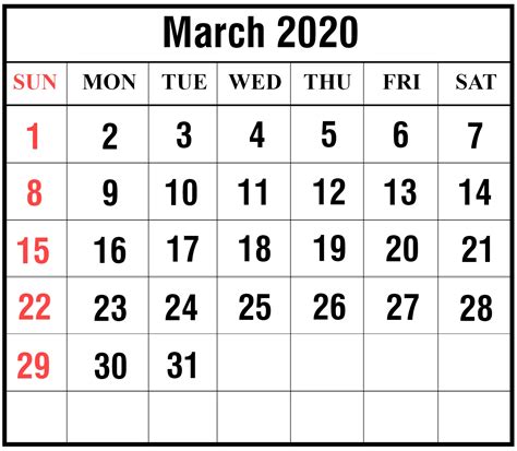 Calendar For March 2020